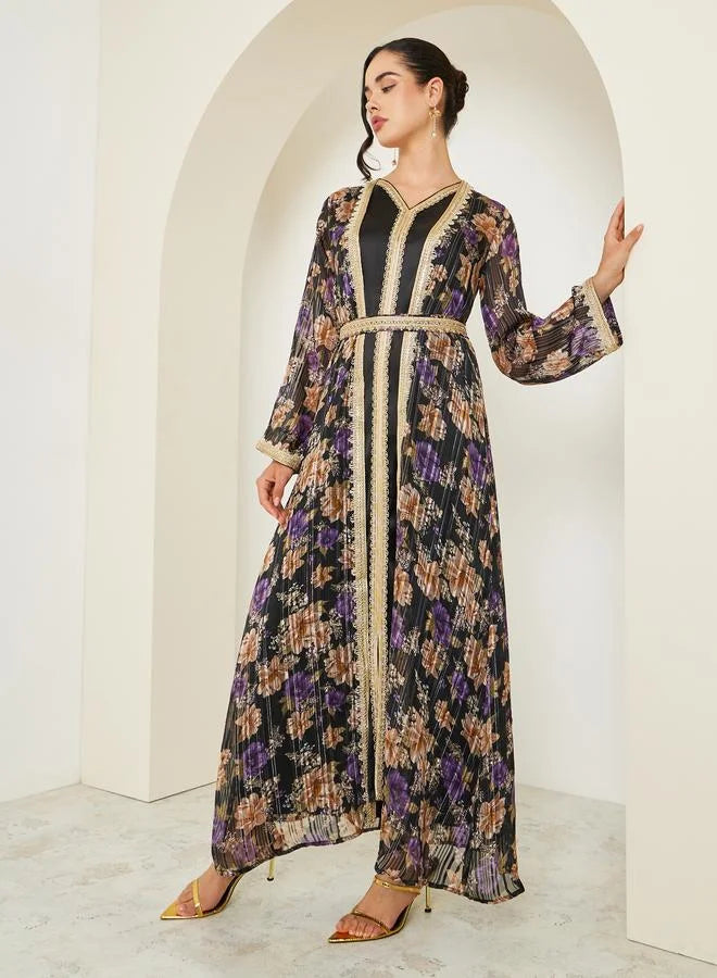 Women Black Printed Embroidered Golden Lace Kaftan