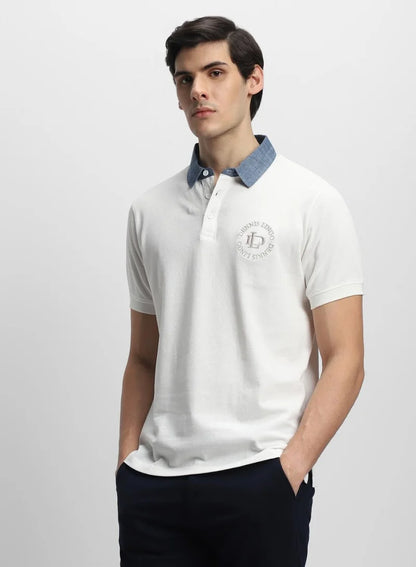 White Slim Fit Solid Polo Collar T-shirt for Men - 100% Cotton, Short Sleeve, Casual,