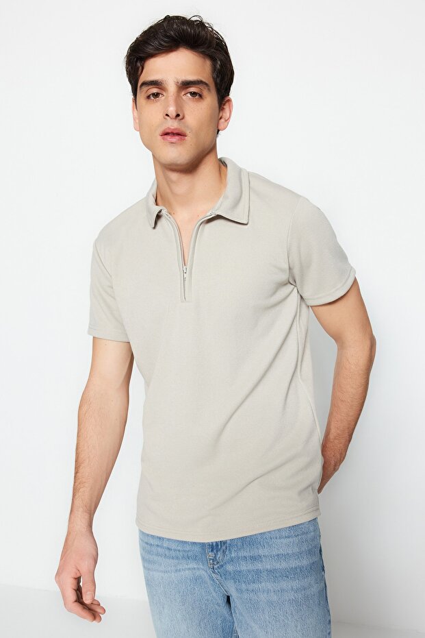 Premium Stone Regular/Normal Cut Piqué Zip-Up Polo Neck T-Shirt Tmnss23Po00019