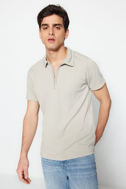 Premium Stone Regular/Normal Cut Piqué Zip-Up Polo Neck T-Shirt Tmnss23Po00019