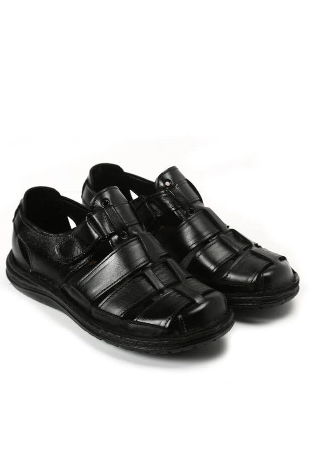 Ayakkabı Sandales  pour hommes en cuir véritable noir, à porter au quotidien