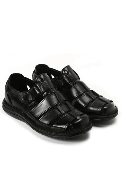 Ayakkabı Sandales  pour hommes en cuir véritable noir, à porter au quotidien