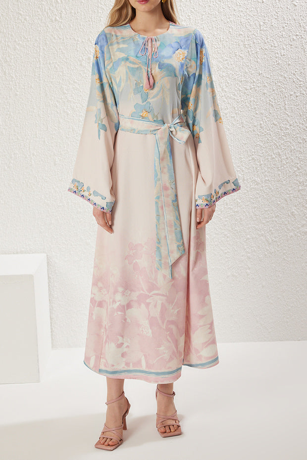 Trendyol Modest Powder Linen Look Spanish Sleeves Belted Print Woven Dress Tctss25Eb00033