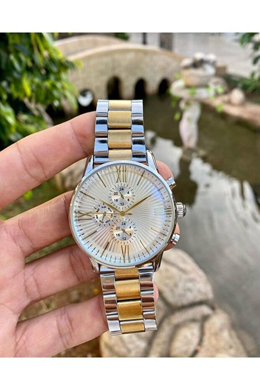 Montre-bracelet pour homme ÇENÇEN en acier inoxydable bicolore argent et or plaqué IPC