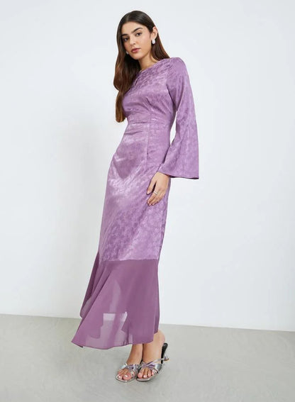 Robe longue trapèze violette à manches longues pour femme
