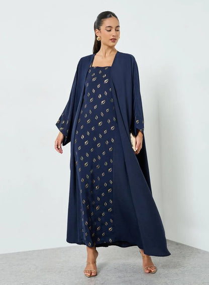 Navy Blue Embellished Abaya and Dress Set