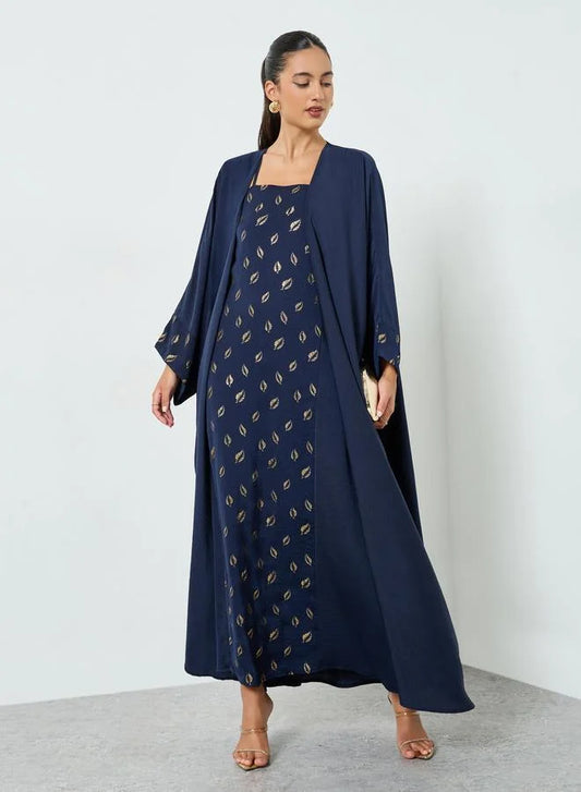 Navy Blue Embellished Abaya and Dress Set