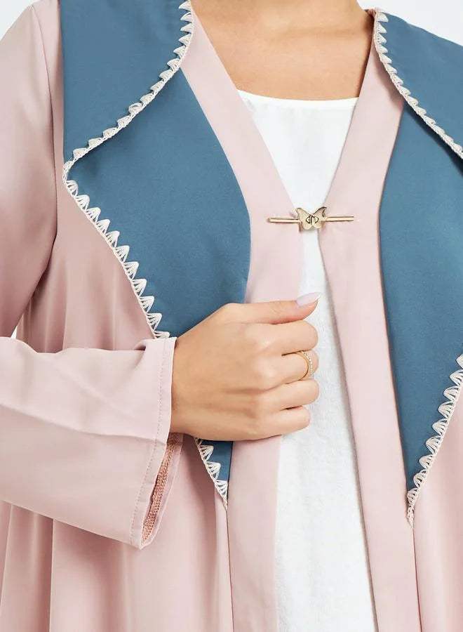 Beige Color Block Open Front Abaya