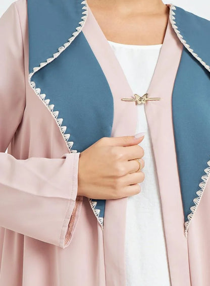 Beige Color Block Open Front Abaya
