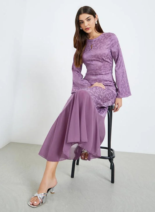 Robe longue trapèze violette à manches longues pour femme