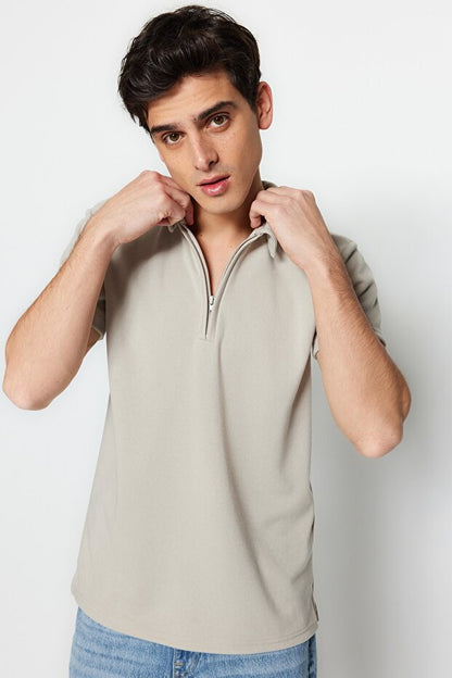 Premium Stone Regular/Normal Cut Piqué Zip-Up Polo Neck T-Shirt Tmnss23Po00019