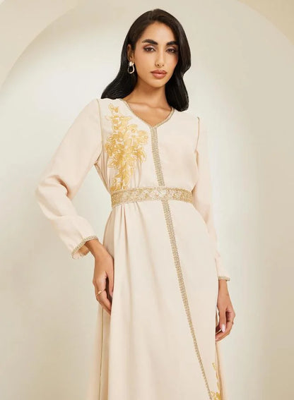 Women Beige Golden Embroidered Kaftan