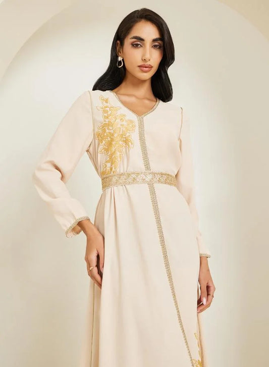 Women Beige Golden Embroidered Kaftan