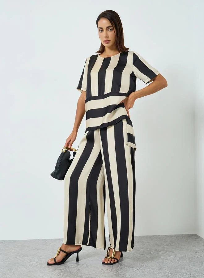 Ensemble haut et pantalon rayé à col rond pour femme