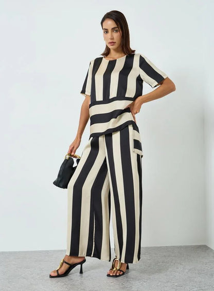 Ensemble haut et pantalon rayé à col rond pour femme