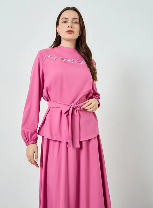 Ensemble haut et jupe maxi orné de perles pour femme