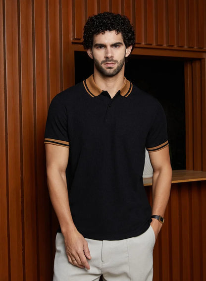 Men's Onyx Black Cuboid-Stripe Polo T-Shirt