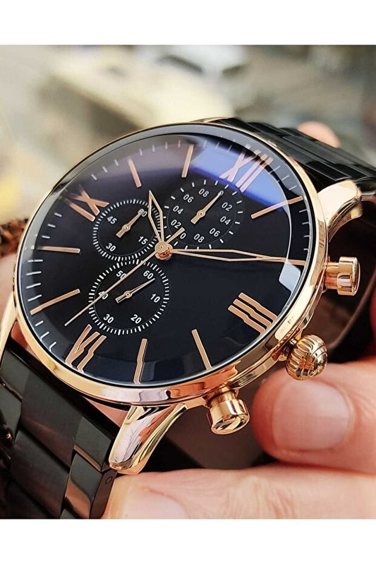 Montre-bracelet pour homme ÇENÇEN,  bracelet noir, boîtier or rose, acier inoxydable avec revêtement IPC, métal sport