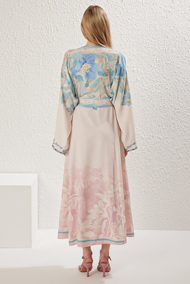 Trendyol Modest Powder Linen Look Spanish Sleeves Belted Print Woven Dress Tctss25Eb00033