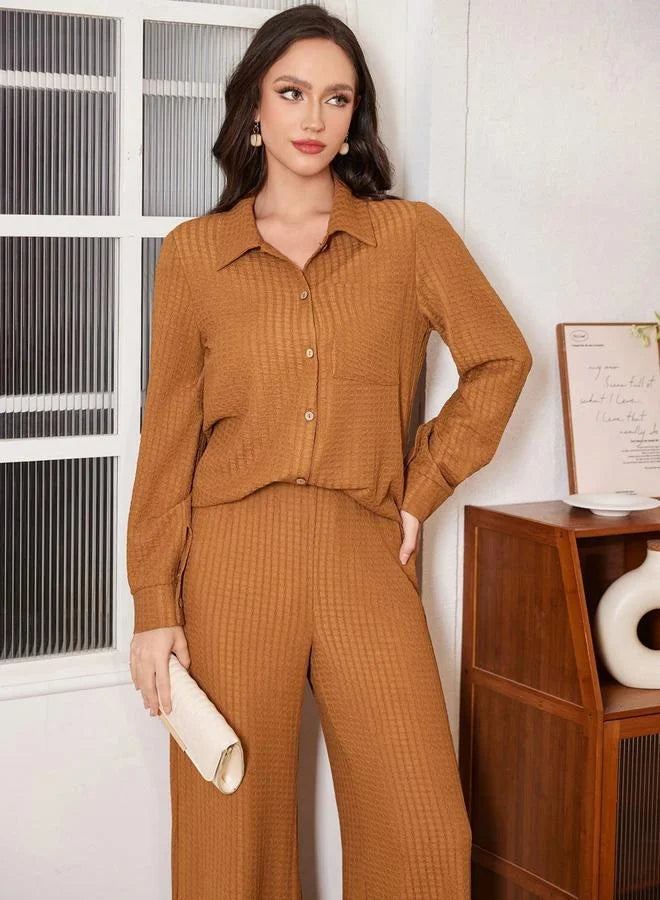 Ensemble chemise texturée marron café et pantalon large