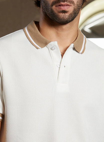 Men's Cream White Cuboid-Stripe Polo T-Shirt