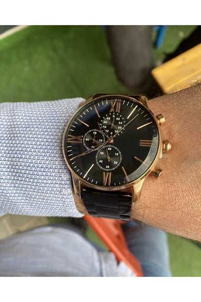 Montre-bracelet pour homme ÇENÇEN,  bracelet noir, boîtier or rose, acier inoxydable avec revêtement IPC, métal sport