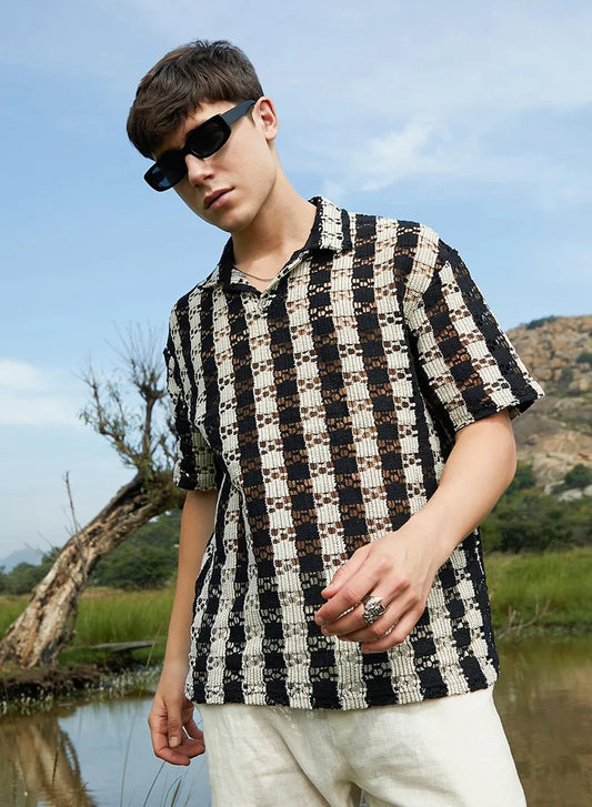 Men's Obsidian Black & Off-White Track-Stripe Oversized Polo T-Shirt