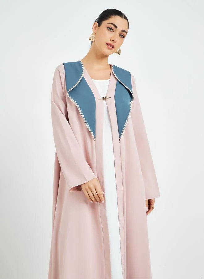 Beige Color Block Open Front Abaya
