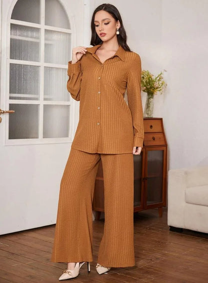Ensemble chemise texturée marron café et pantalon large