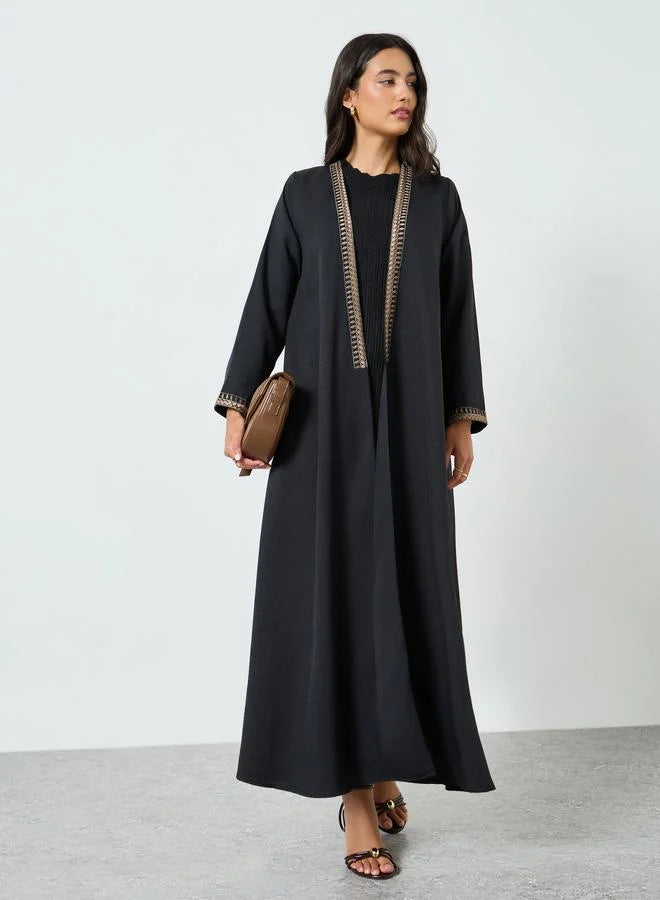 Black Embroidered Open Front Abaya