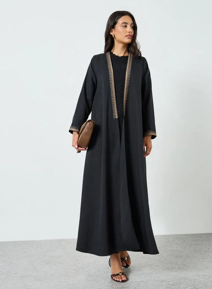 Black Embroidered Open Front Abaya
