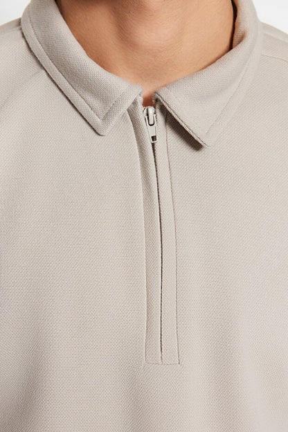 Premium Stone Regular/Normal Cut Piqué Zip-Up Polo Neck T-Shirt Tmnss23Po00019