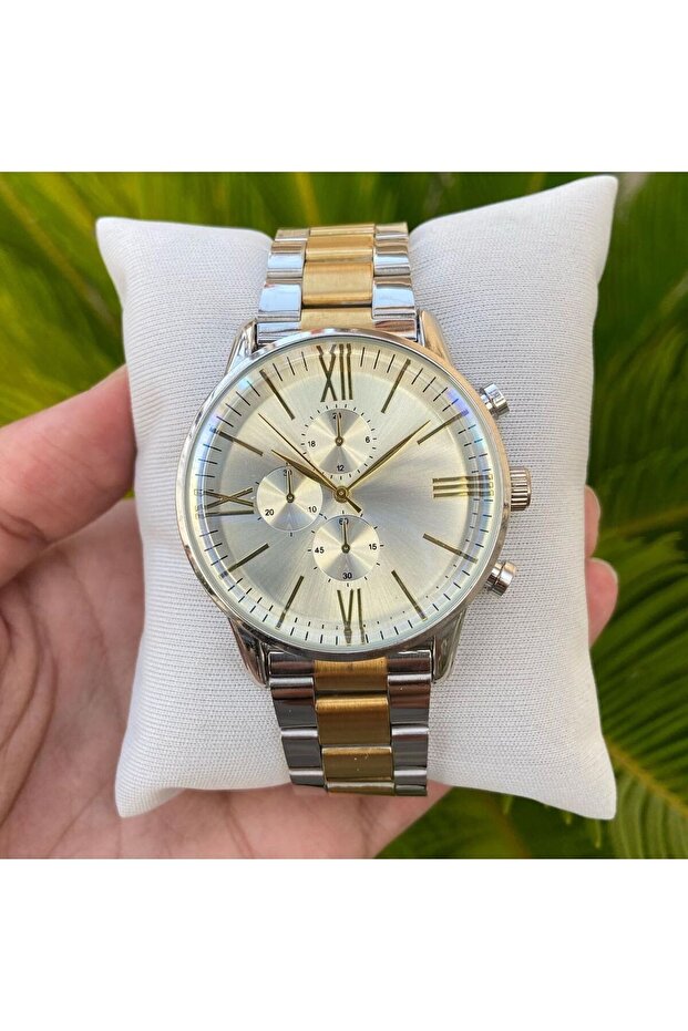 Montre-bracelet pour homme ÇENÇEN en acier inoxydable bicolore argent et or plaqué IPC