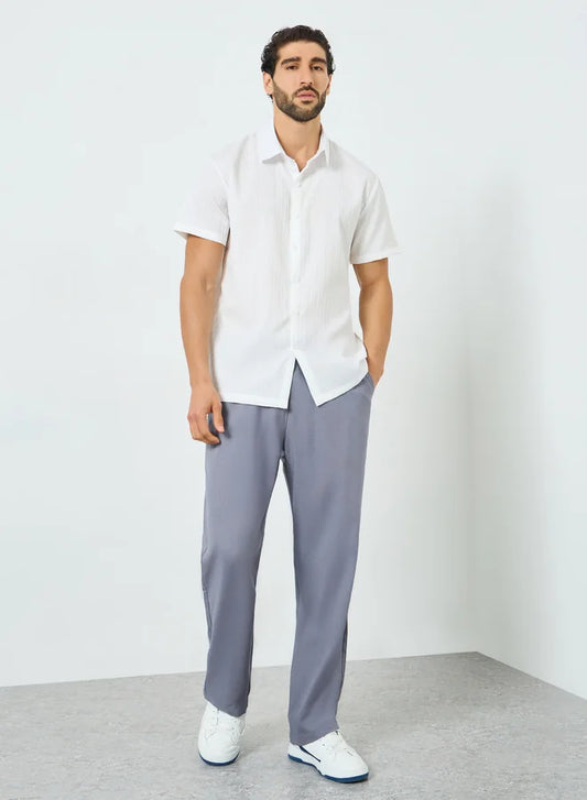 Pantalon gris uni pour homme, taille élastiquée avec cordon de serrage, coupe décontractée