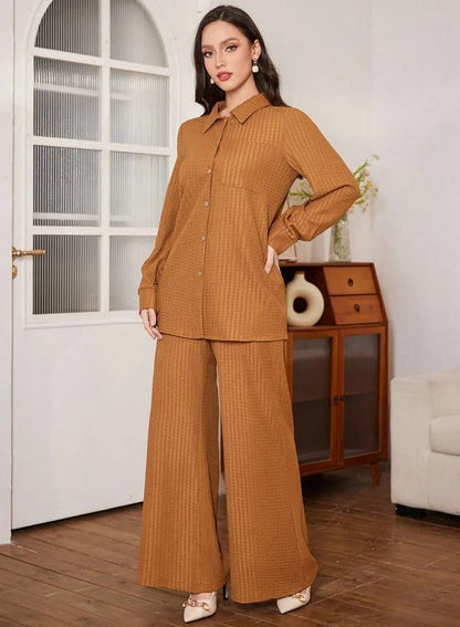 Ensemble chemise texturée marron café et pantalon large