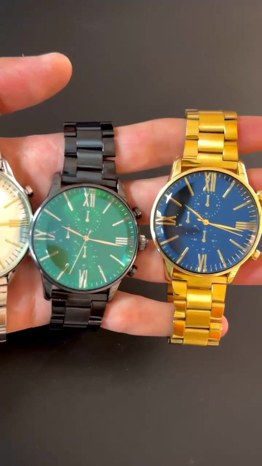 Montre homme sport ÇENÇEN,  cadran vert, bracelet argenté, boîtier bicolore en acier inoxydable avec revêtement IPC