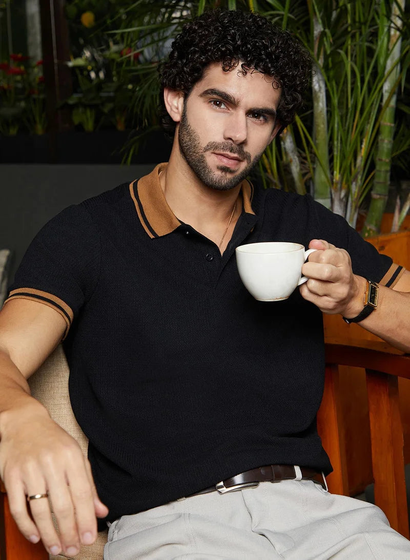 Men's Onyx Black Cuboid-Stripe Polo T-Shirt
