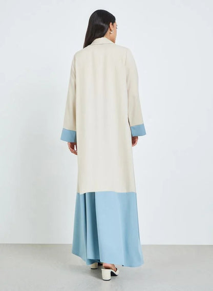Abaya beige à blocs de couleur, coupe trapèze