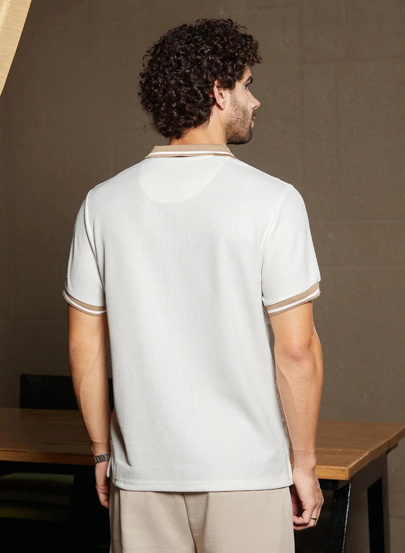 Men's Cream White Cuboid-Stripe Polo T-Shirt