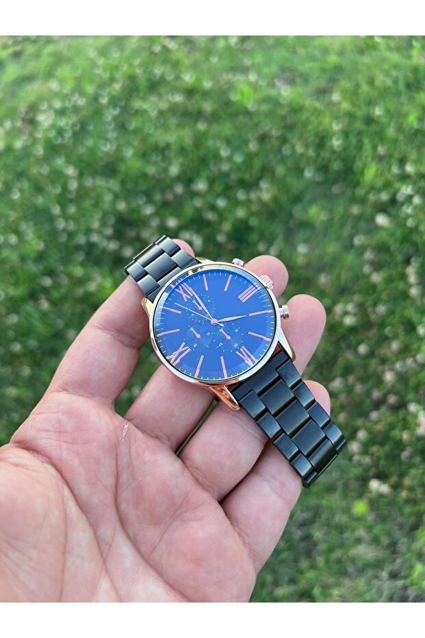 Montre-bracelet pour homme ÇENÇEN,  bracelet noir, boîtier or rose, acier inoxydable avec revêtement IPC, métal sport