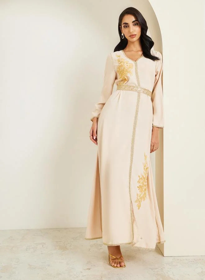 Women Beige Golden Embroidered Kaftan