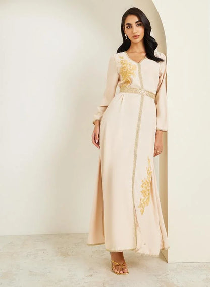 Women Beige Golden Embroidered Kaftan