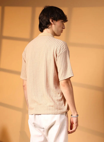 Men's Buff Beige Striped Oversized Polo T-Shirt For Casual Wear | Polo Neck | Short Sleeve | Half-Button Closure | T-Shirt Crafted With Comfort Fit For Everyday Wear