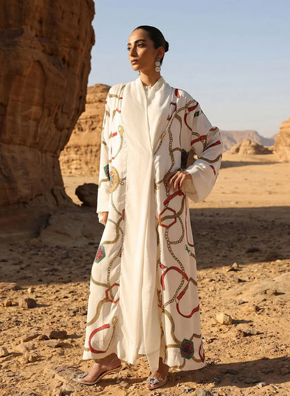 Abaya à imprimé abstrait blanc cassé superposée avec hijab
