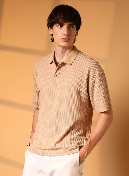 Men's Buff Beige Striped Oversized Polo T-Shirt For Casual Wear | Polo Neck | Short Sleeve | Half-Button Closure | T-Shirt Crafted With Comfort Fit For Everyday Wear