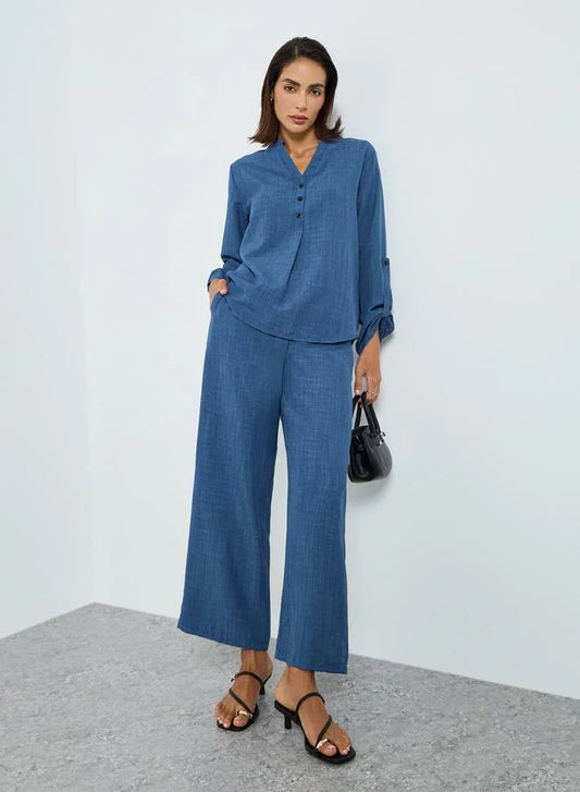 Ensemble haut à col en V uni et pantalon à taille élastique pour femme