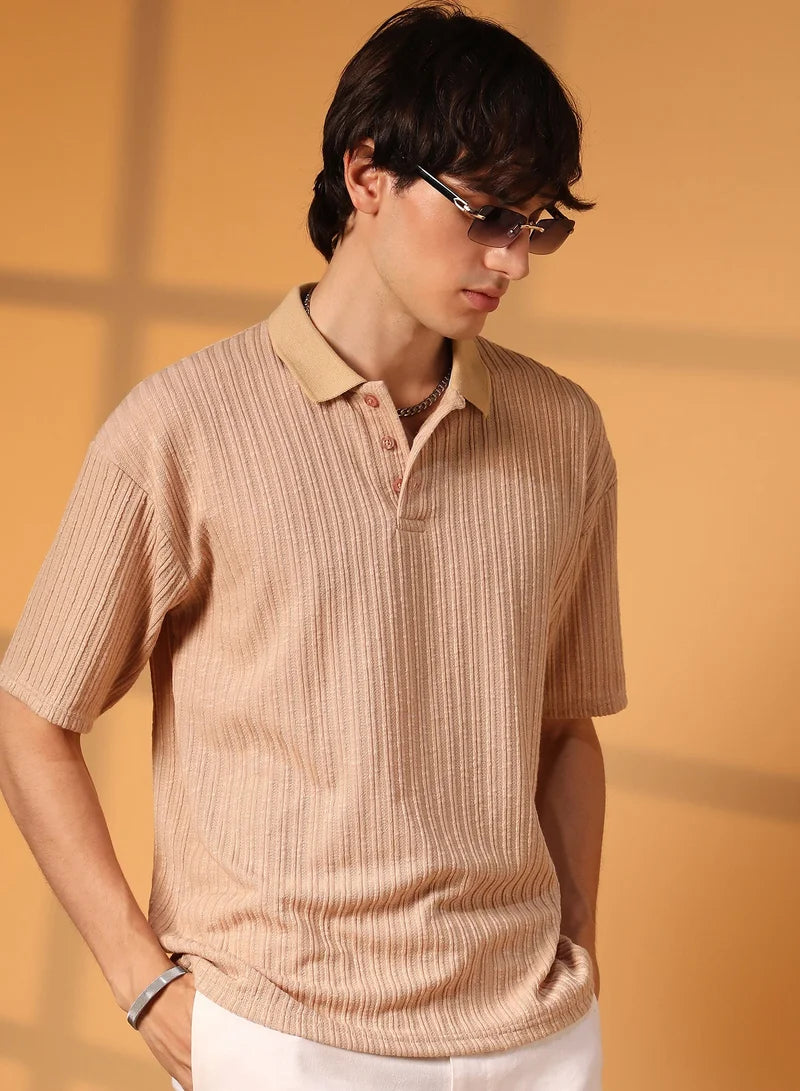 Men's Buff Beige Striped Oversized Polo T-Shirt For Casual Wear | Polo Neck | Short Sleeve | Half-Button Closure | T-Shirt Crafted With Comfort Fit For Everyday Wear