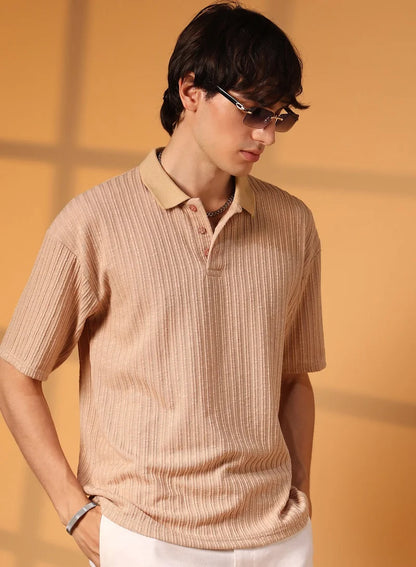 Men's Buff Beige Striped Oversized Polo T-Shirt For Casual Wear | Polo Neck | Short Sleeve | Half-Button Closure | T-Shirt Crafted With Comfort Fit For Everyday Wear
