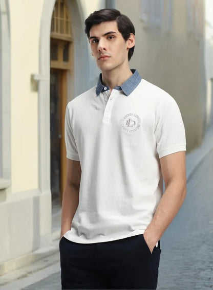 White Slim Fit Solid Polo Collar T-shirt for Men - 100% Cotton, Short Sleeve, Casual,