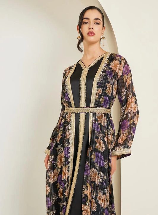 Women Black Printed Embroidered Golden Lace Kaftan